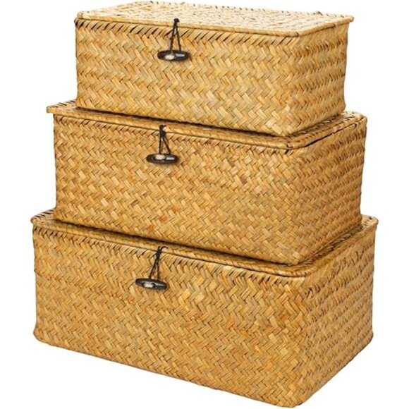 Shelf Baskets with Lid Set of 3, Handwoven Seagrass Storage Bins Box Rectangular - Picture 7 of 7